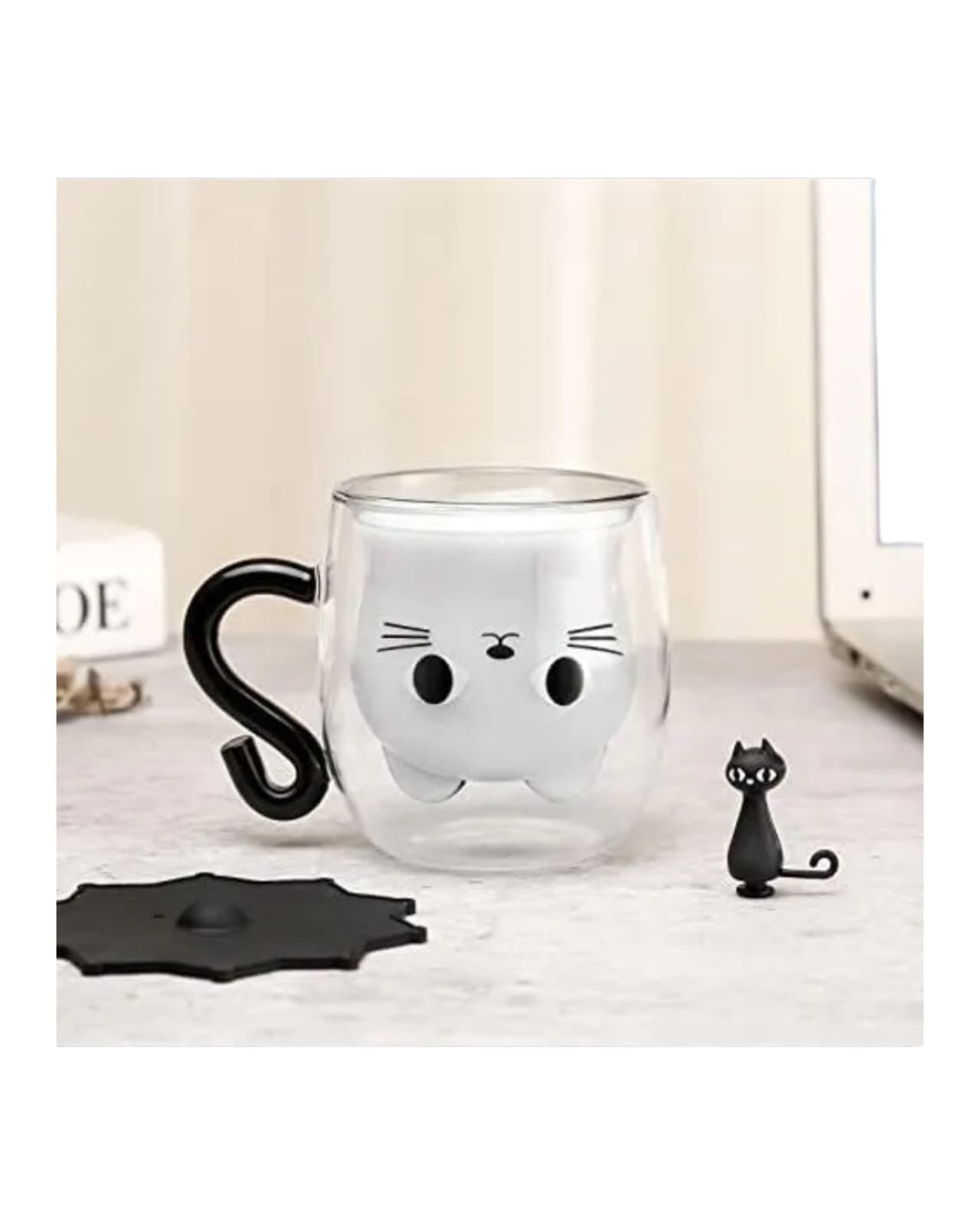 Taza De Vidrio De Doble Pared Bkinpid Cute Cat, Gato Negro