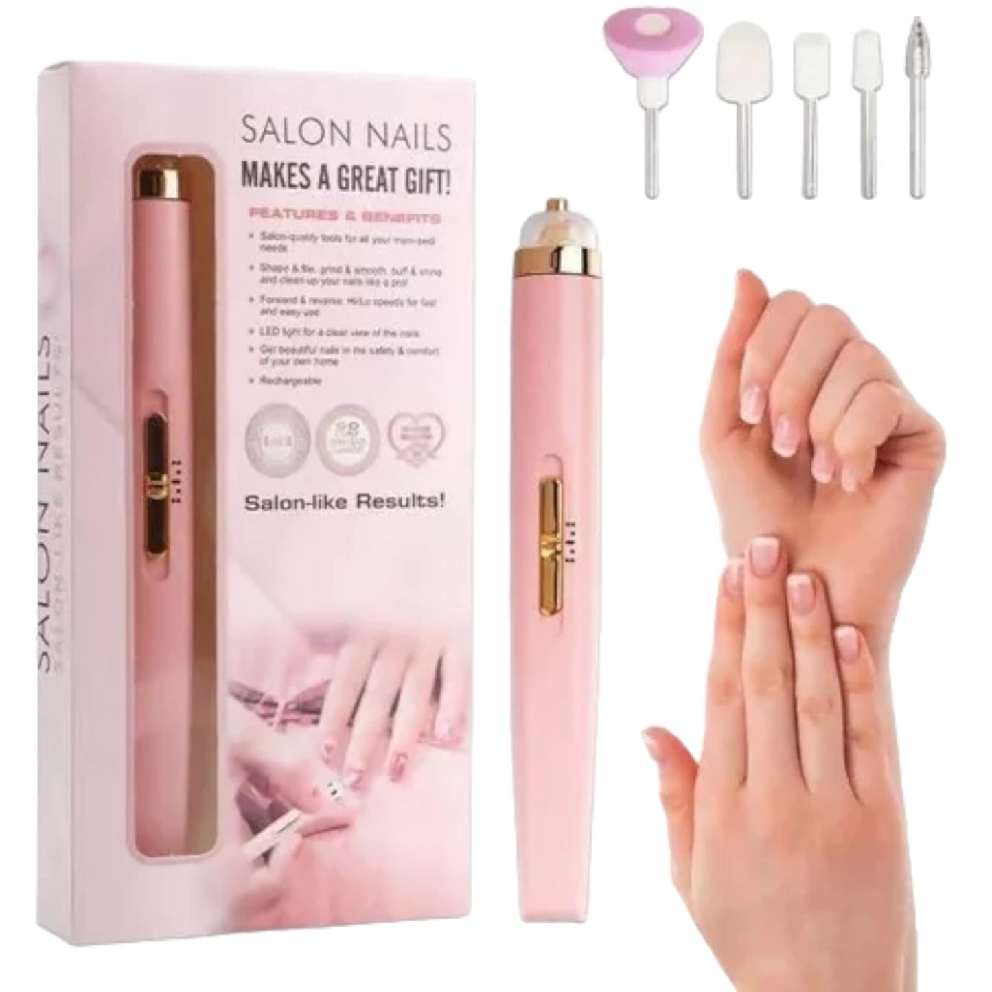 Torno Pulidor de Uñas Recargable con 5 Fresas Rosa