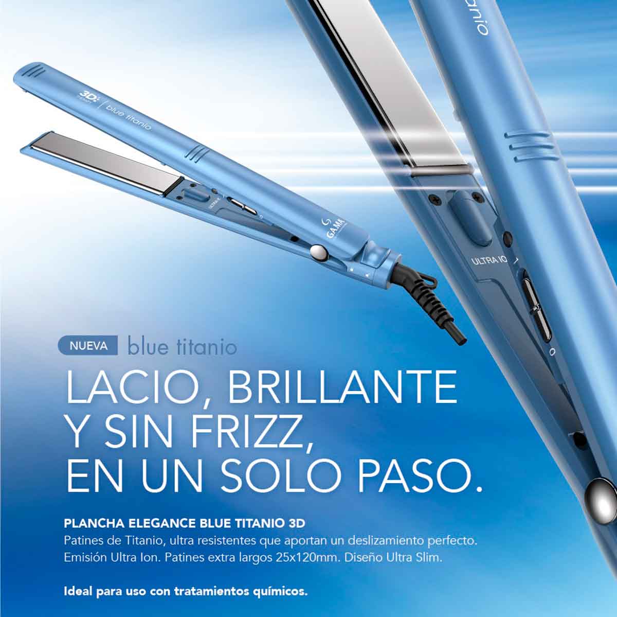 Plancha Alisadora Gama Elegance Blue Titanio 3D Ultra ION