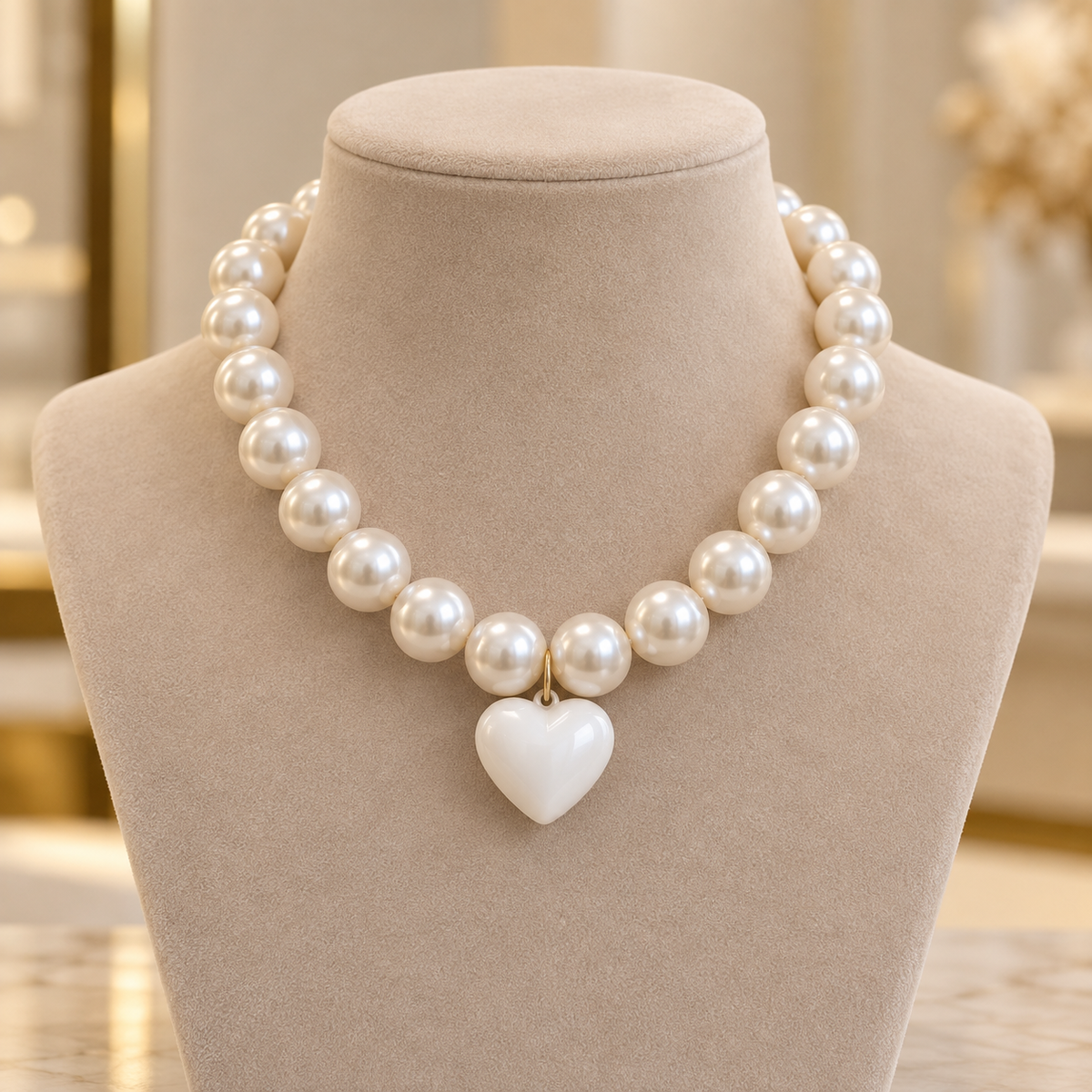Collar Chicle Blanco Perlado con Corazón Blanco