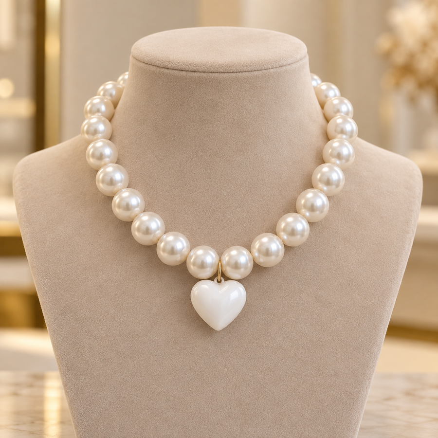 Collar Chicle Blanco Perlado con Corazón Blanco