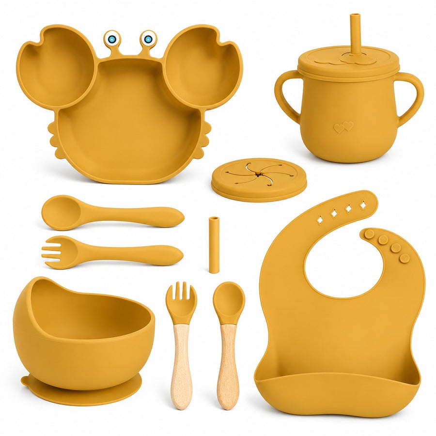 Set de alimentación bebé silicona 10 piezas color Mostaza - detalle del producto