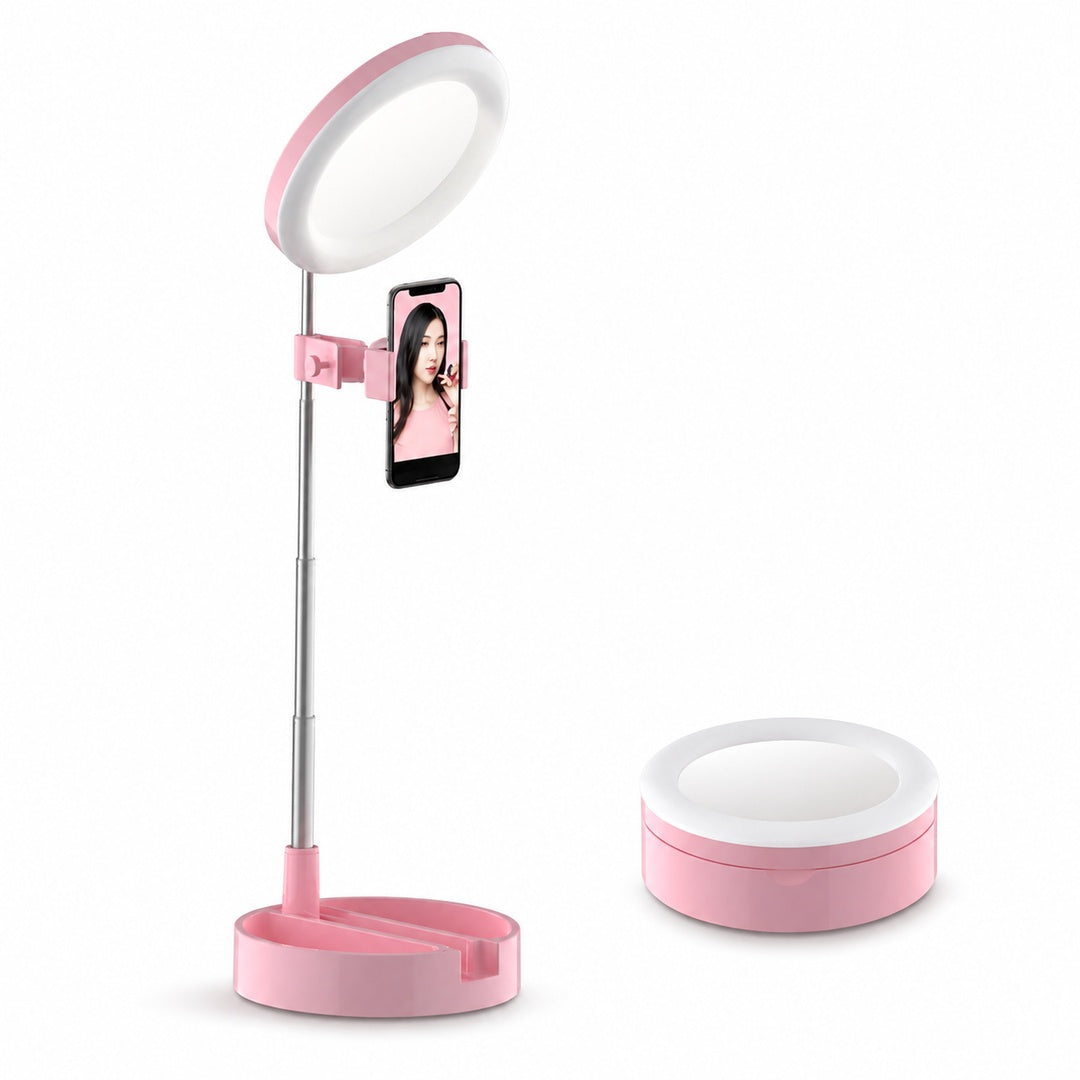 Aro de Luz Led Con Espejo y Porta Celular Para Fotos Recargable