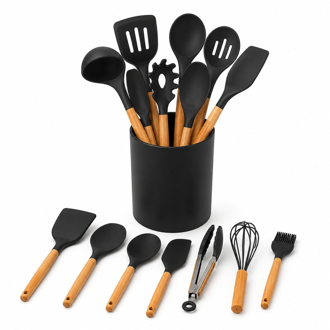 Set de utensilios de silicona 12 piezas color Negro