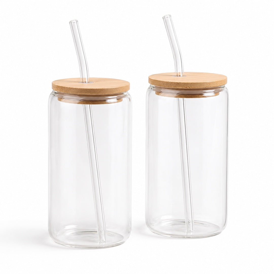 Vaso Lata de Vidrio Tapa Bambu con Sorbete Diseños Varios - variante LISO