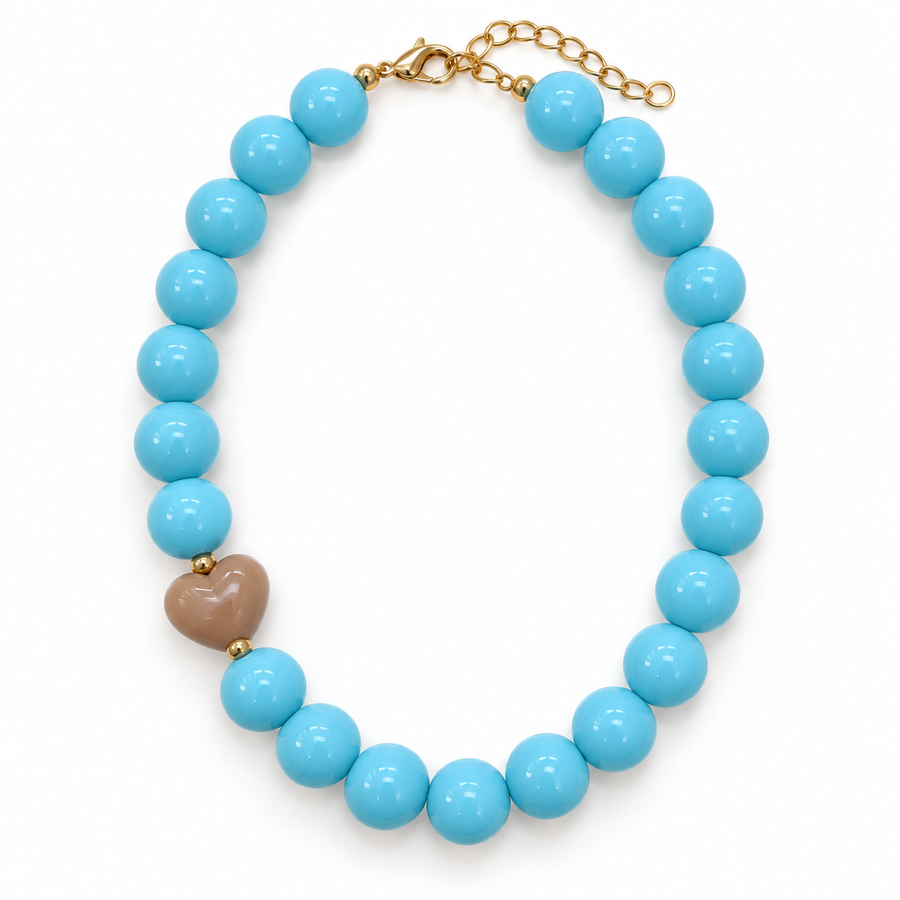 Collar Chicle Celeste con Corazón Beige Ajustable