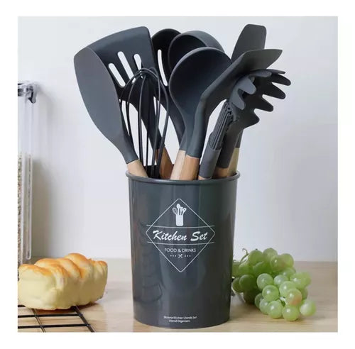 Set de Utensilios de Cocina de Silicona Con Mango de Madera