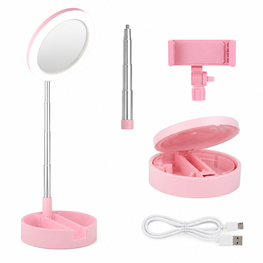 Aro de Luz Led Con Espejo y Porta Celular Para Fotos Recargable - variante NEGRO