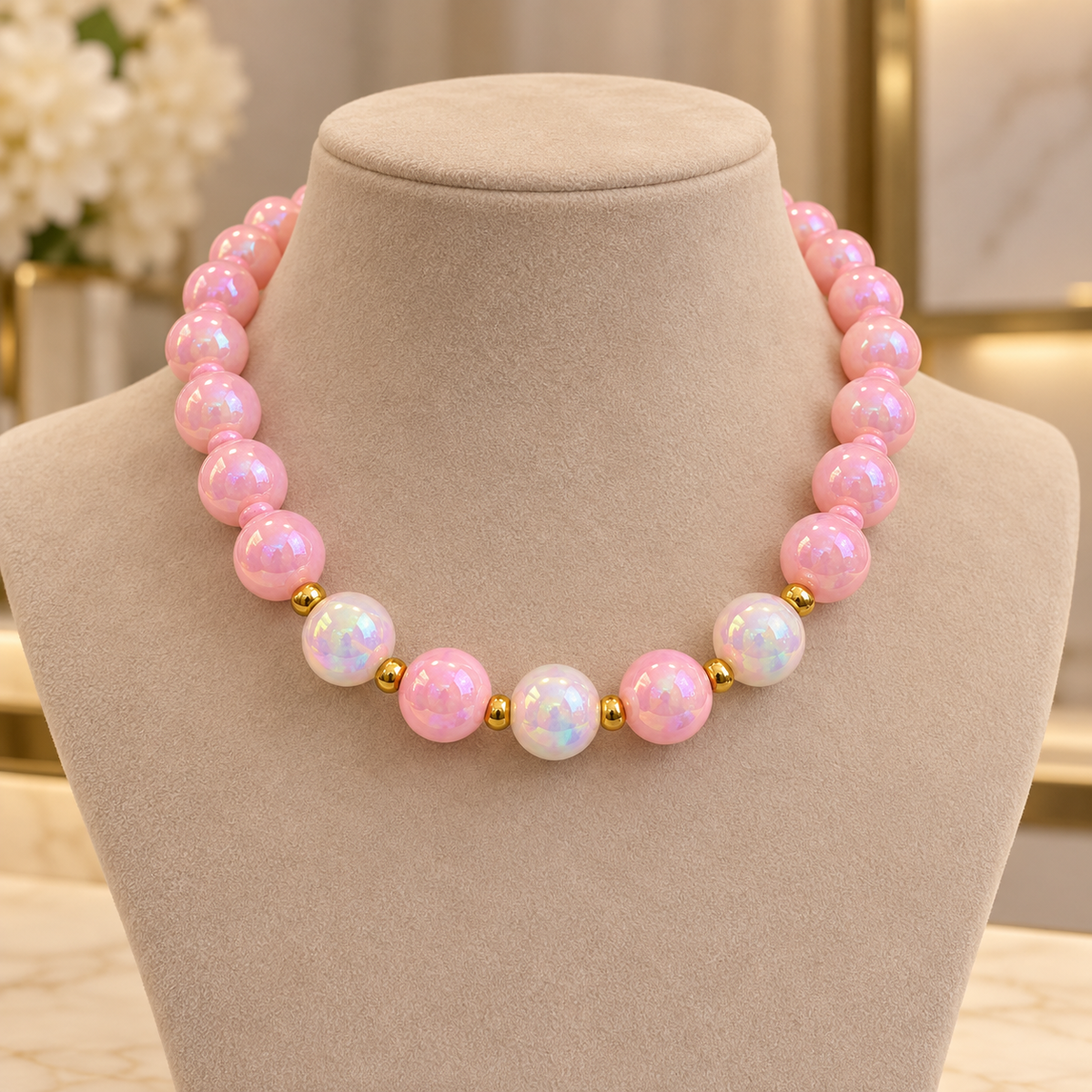 Collar Chicle Rosa Y Blanco Tornasol con Detalles Dorados y Cadena Ajustable