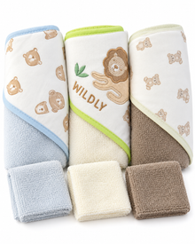 Set de Baño para Bebé Niño 3 Toallas con Capucha + 3 Mini Toallitas Animalitos