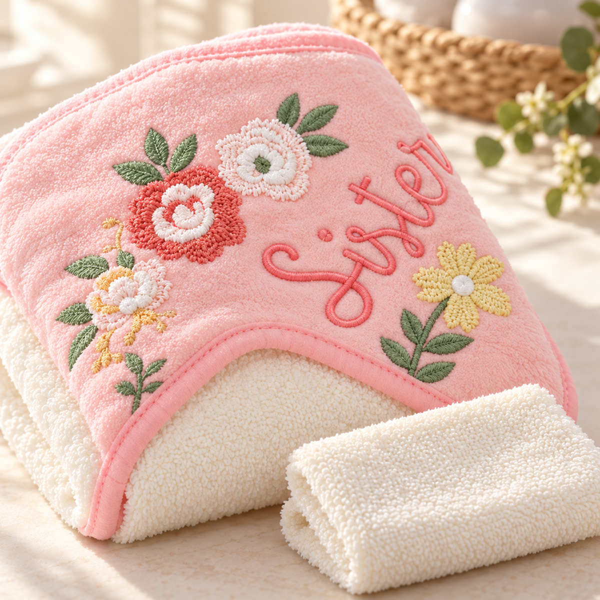 Set de Baño para Bebé Niña 3 Toallas con Capucha + 3 Mini Toallitas Beige Rosa