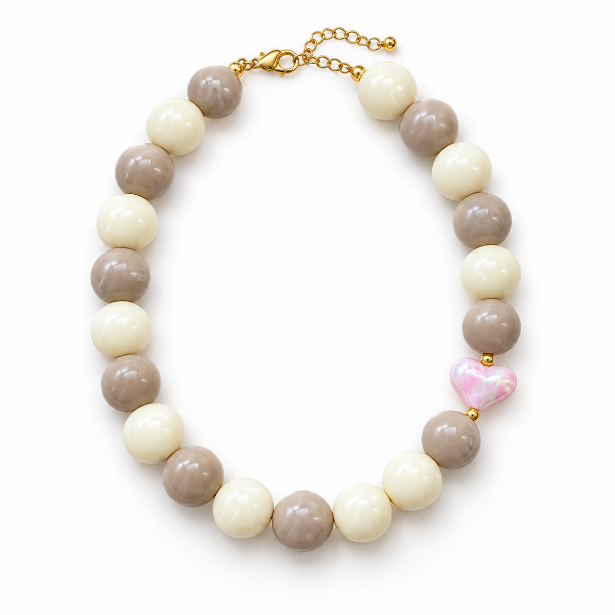 Collar Chicle Marfil y Beige con Corazón Rosado Tornasol Ajustable