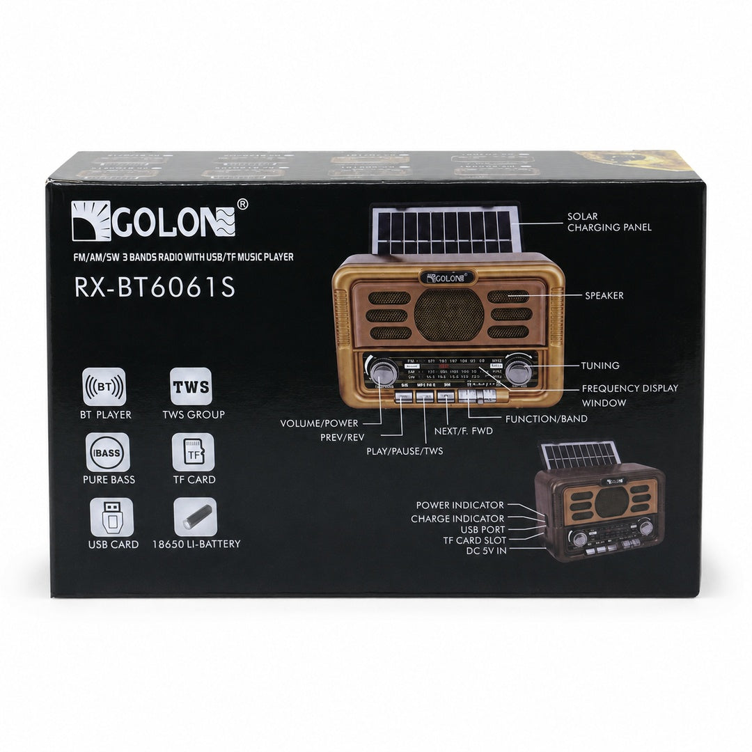 Radio Golon Super Bass a pila y carga solar marrón dorado - vista 3 del producto