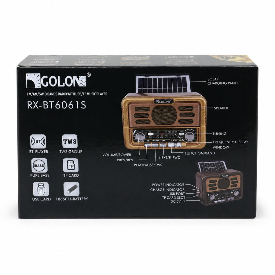 Radio Golon Super Bass a pila y carga solar marrón dorado - vista 3 del producto