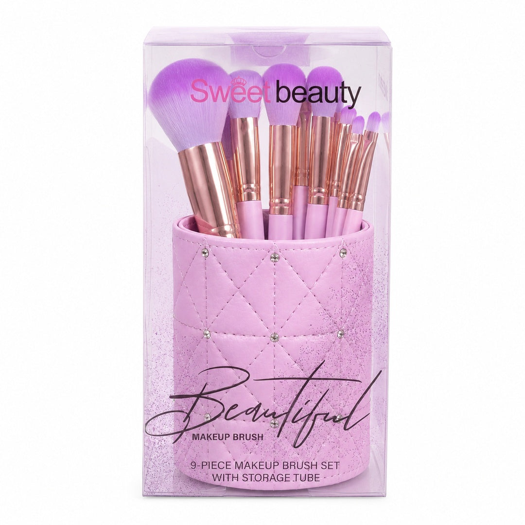 Set de 9 brochas de maquillaje Sweet Beauty con porta brochas lila - vista 3 del producto