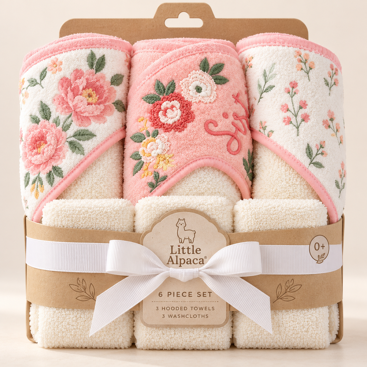 Set de Baño para Bebé Niña 3 Toallas con Capucha + 3 Mini Toallitas Beige Rosa