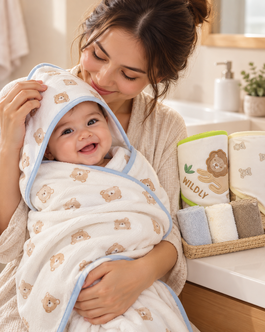 Set de Baño para Bebé Niño 3 Toallas con Capucha + 3 Mini Toallitas Animalitos