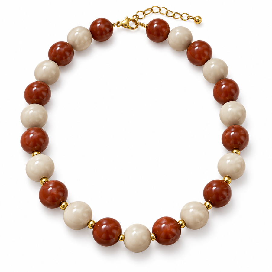 Collar Chicle Marrón y Beige con Detalles Dorados Ajustable