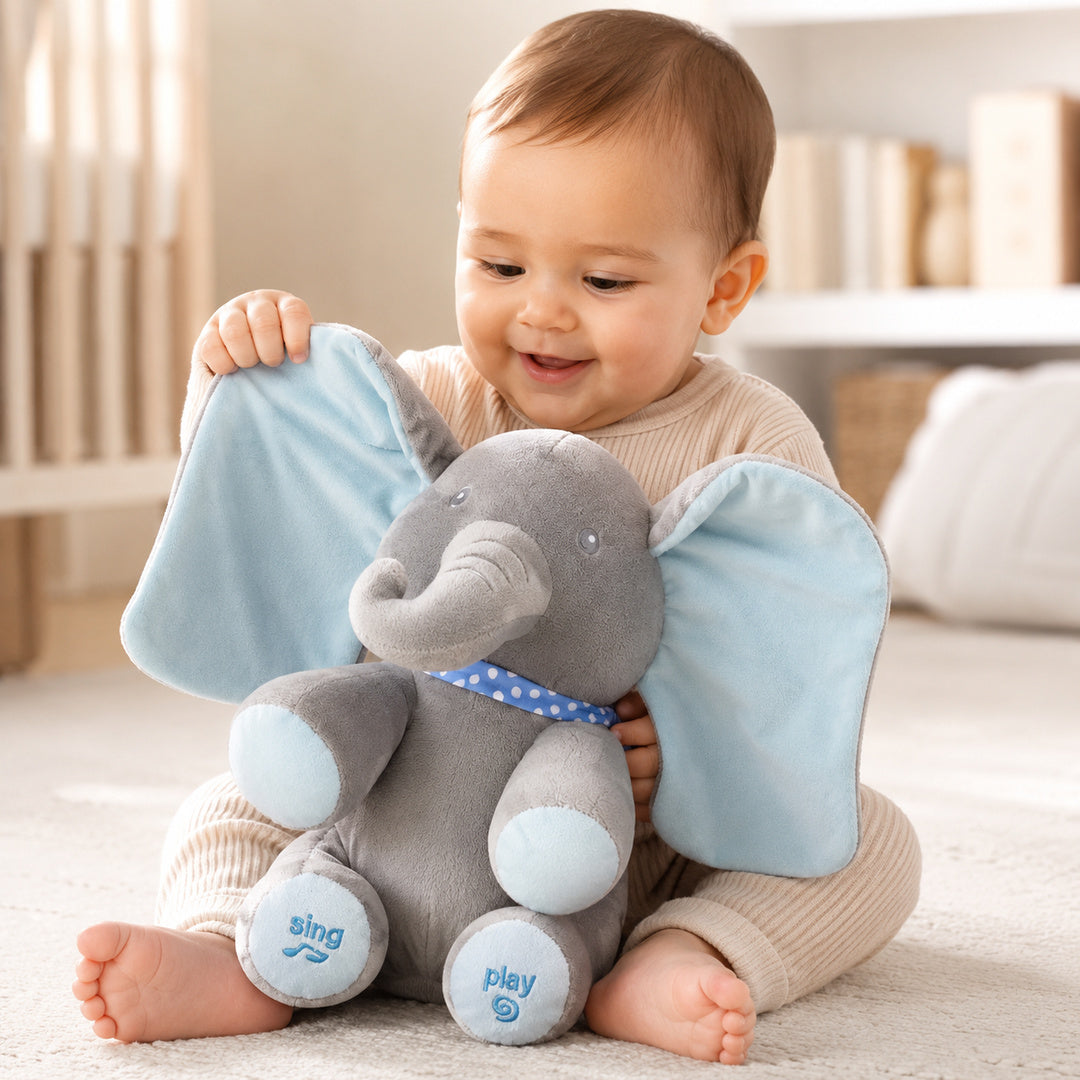 Peluche elefante musical con movimiento de orejas 30 cm