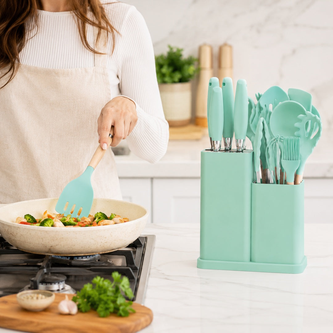 Set de utensilios de silicona Kitchenware 19 piezas turquesa - vista 4 del producto