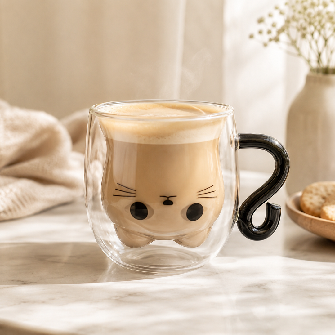 Taza De Vidrio De Doble Pared Bkinpid Cute Cat, Gato Negro - vista 4 del producto