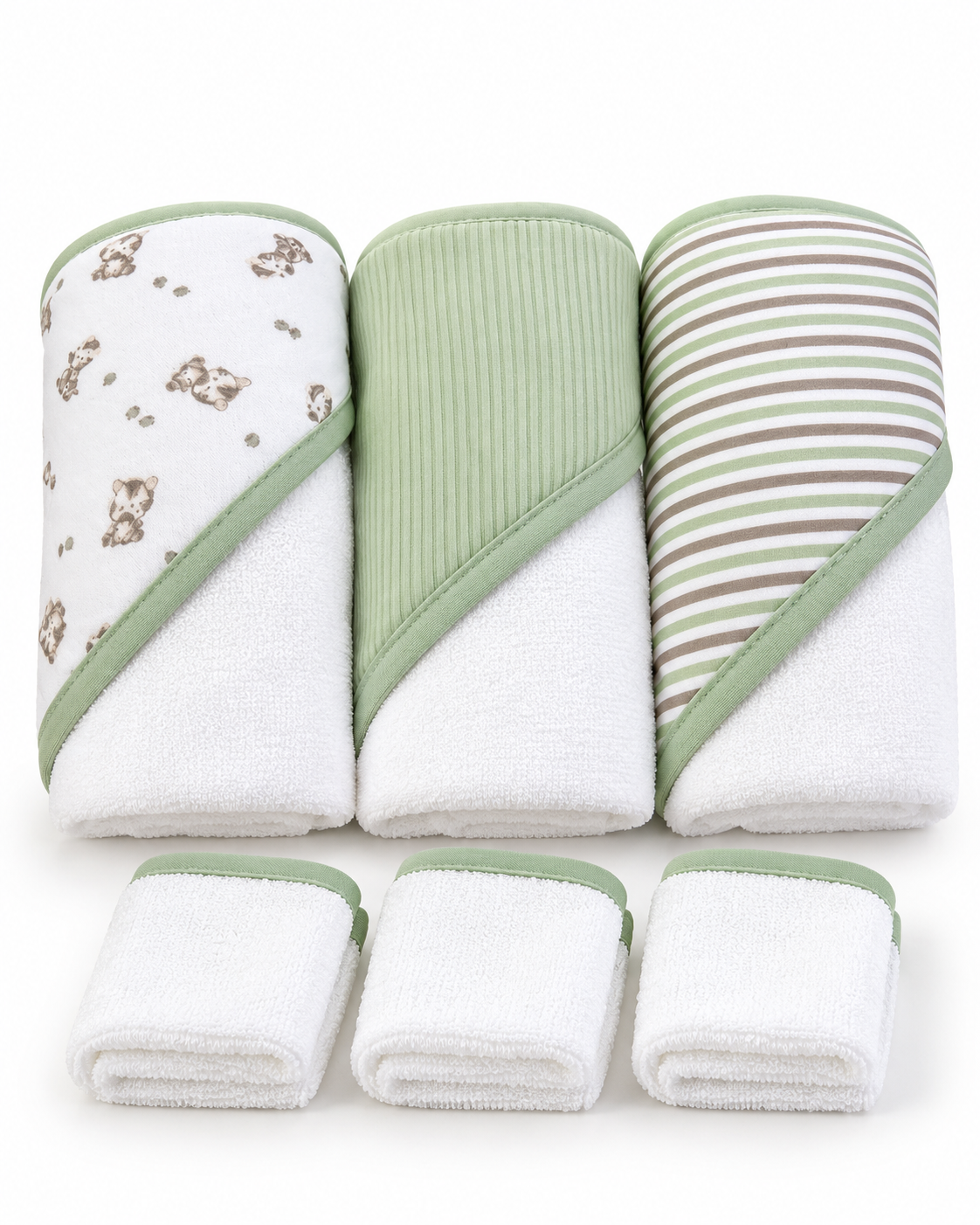 Set de Baño para Bebé Niño 3 Toallas con Capucha + 3 Mini Toallitas Verde Cebra