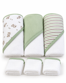 Set de Baño para Bebé Niño 3 Toallas con Capucha + 3 Mini Toallitas Verde Cebra