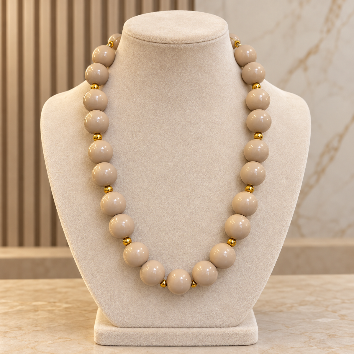Collar Chicle Beige con Detalles Dorados y Cadena Ajustable