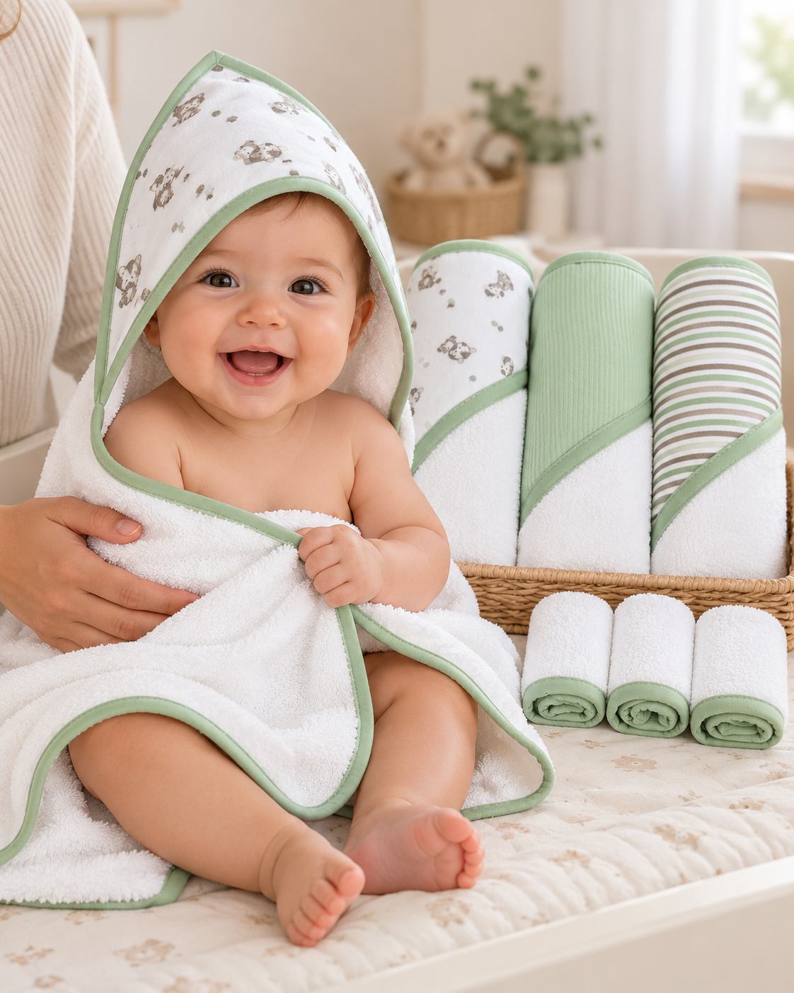 Set de Baño para Bebé Niño 3 Toallas con Capucha + 3 Mini Toallitas Verde Cebra