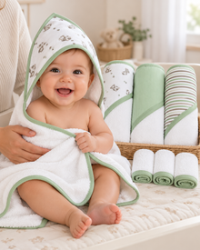 Set de Baño para Bebé Niño 3 Toallas con Capucha + 3 Mini Toallitas Verde Cebra