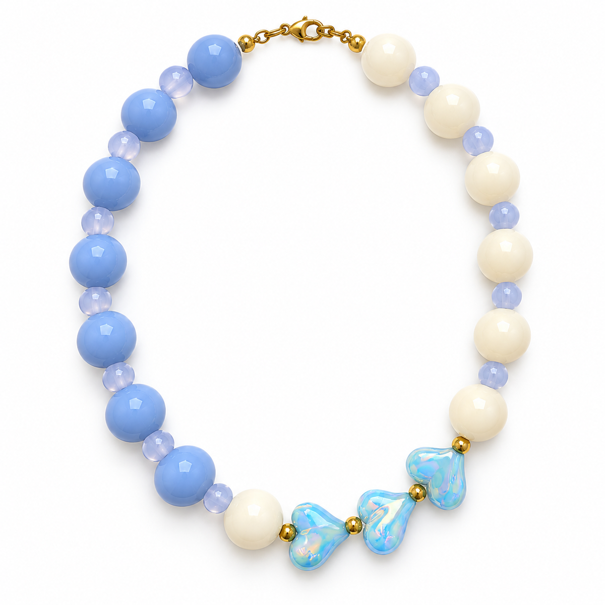 Collar Chicle Azul y Marfil con Corazones Tornasol