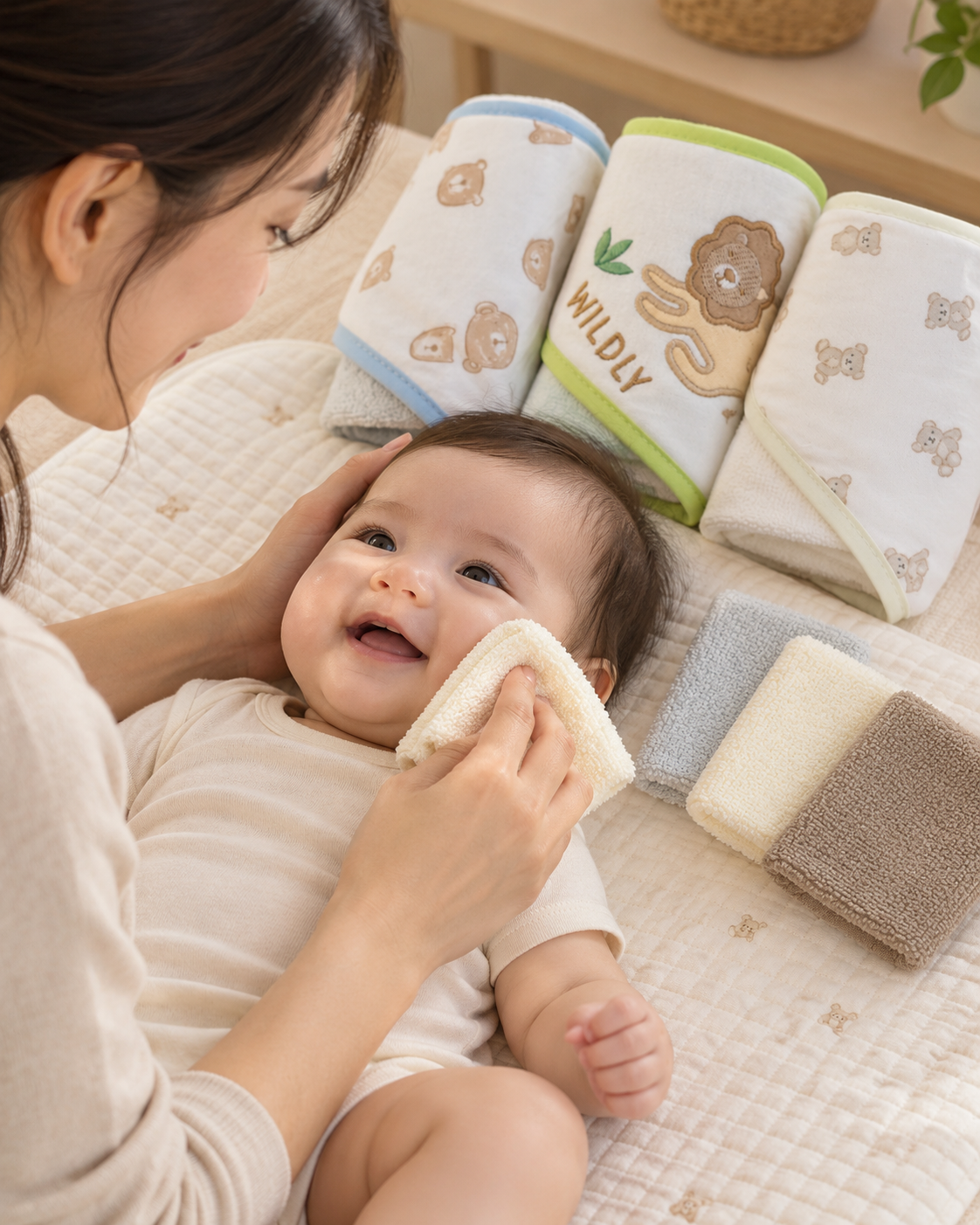 Set de Baño para Bebé Niño 3 Toallas con Capucha + 3 Mini Toallitas Animalitos