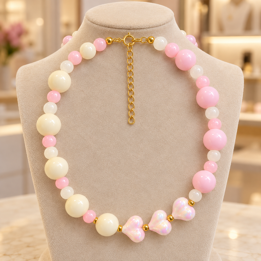 Collar Chicle Candy Love Rosa Pastel Y Corazones Nacarados