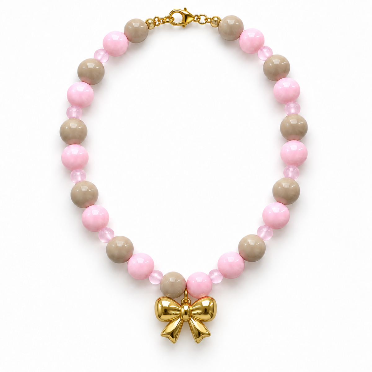 Collar Chicle Rosa y Gris Beige con Lazo Dorado