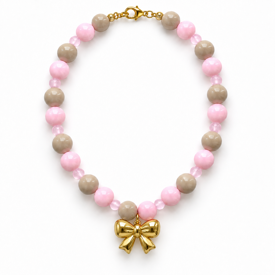 Collar Chicle Rosa y Gris Beige con Lazo Dorado