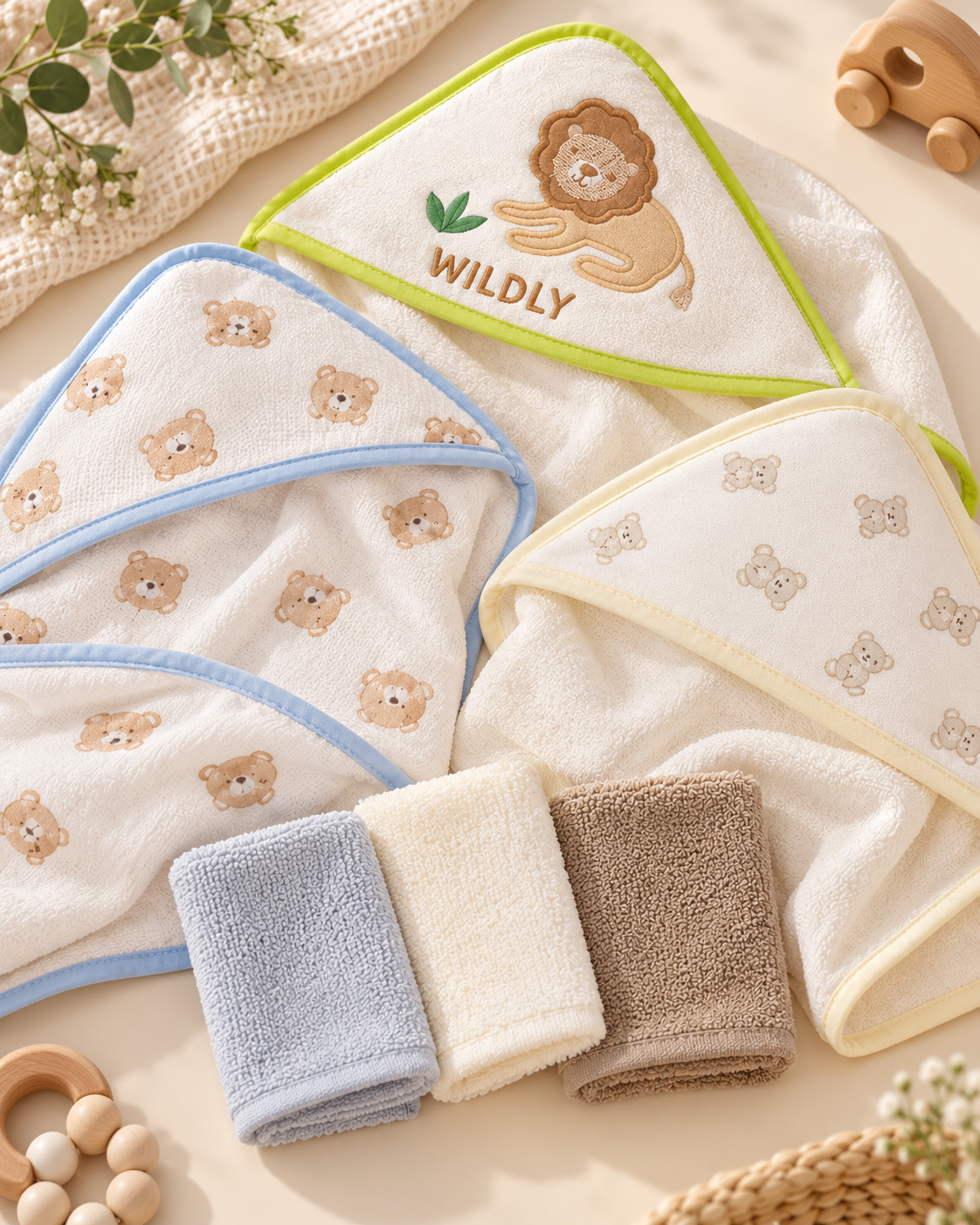 Set de Baño para Bebé Niño 3 Toallas con Capucha + 3 Mini Toallitas Animalitos