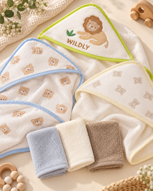 Set de Baño para Bebé Niño 3 Toallas con Capucha + 3 Mini Toallitas Animalitos