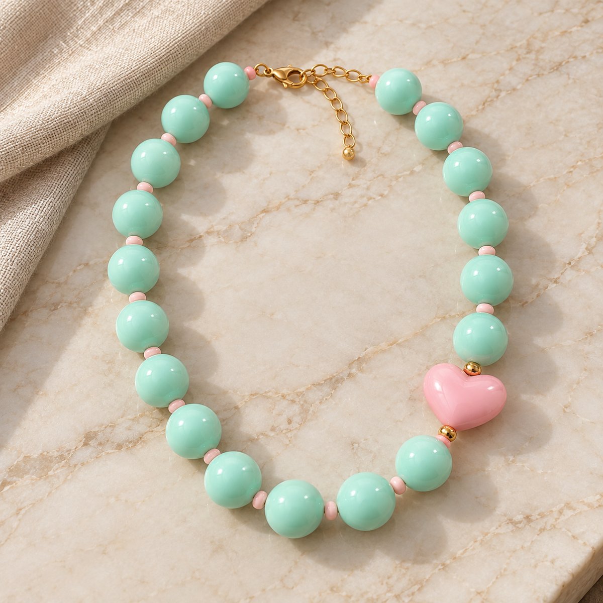 Collar Chicle Verde Menta con Corazón Rosado Ajustable