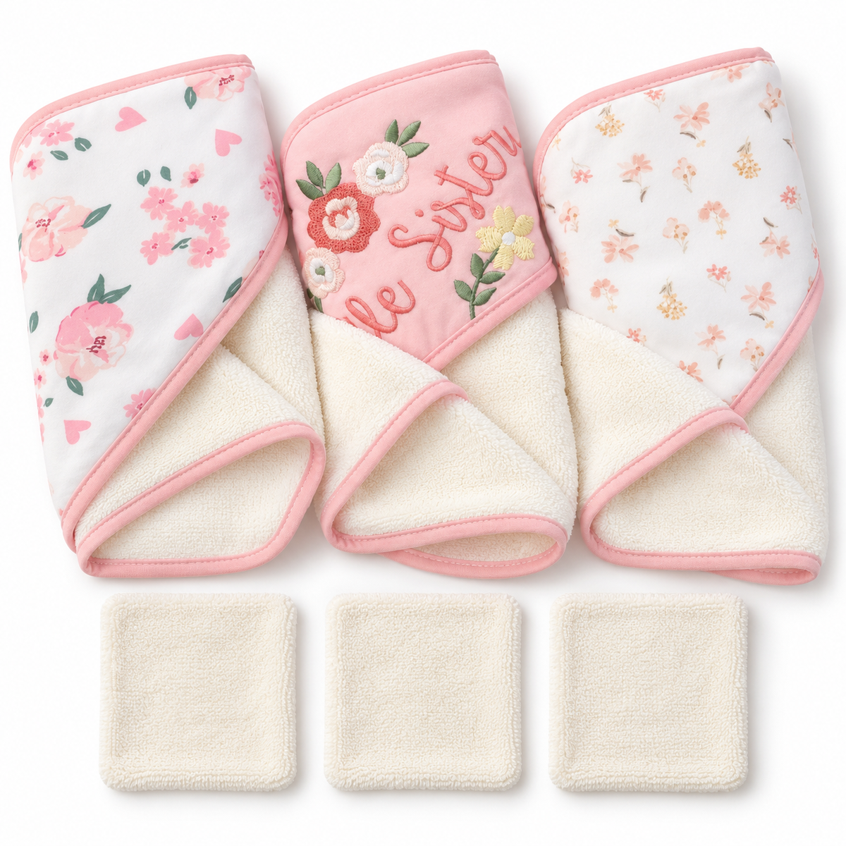 Set de Baño para Bebé Niña 3 Toallas con Capucha + 3 Mini Toallitas Beige Rosa