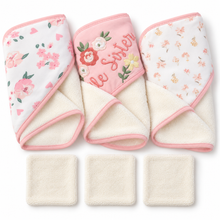 Set de Baño para Bebé Niña 3 Toallas con Capucha + 3 Mini Toallitas Beige Rosa