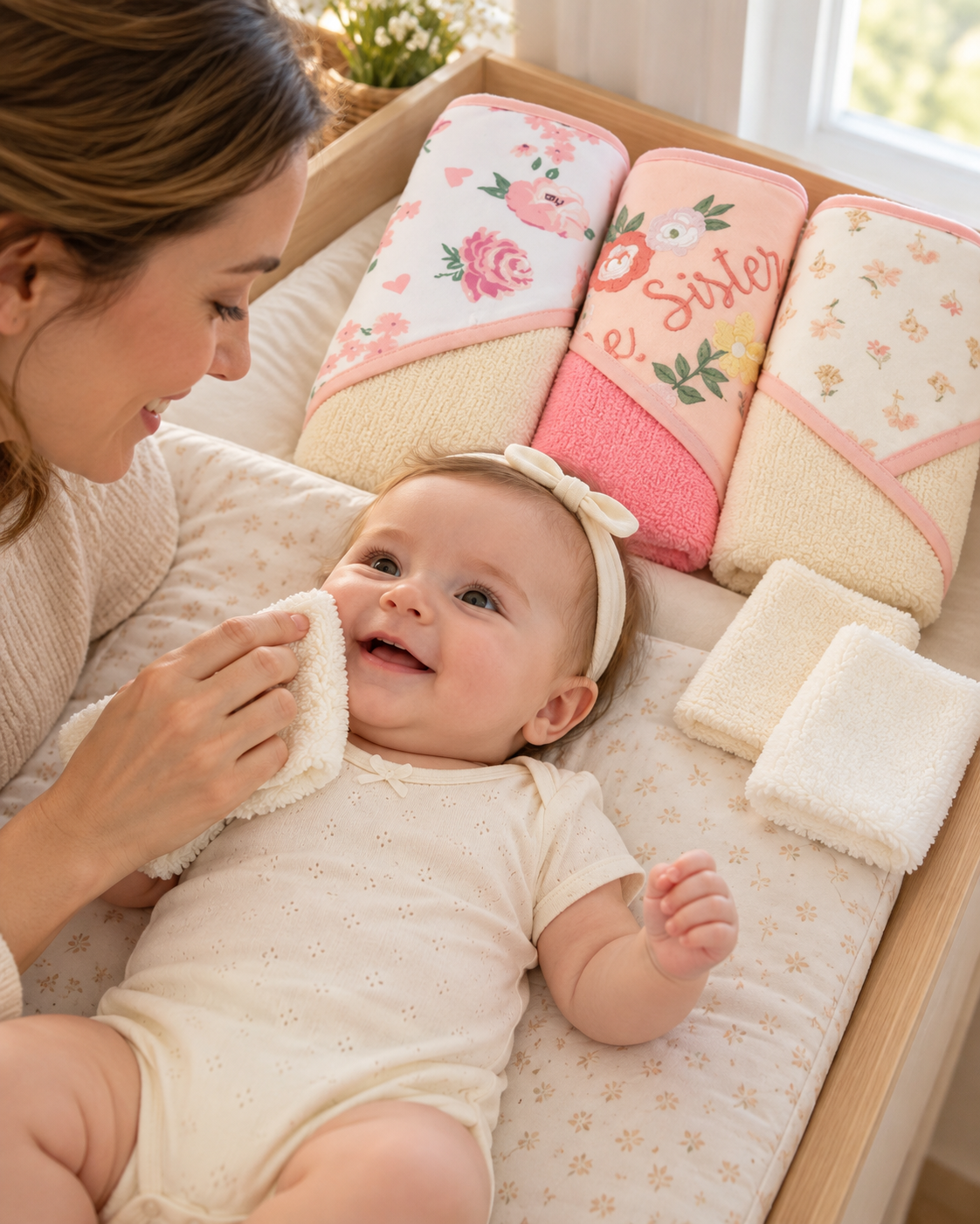 Set de Baño para Bebé Niña 3 Toallas con Capucha + 3 Mini Toallitas Beige Rosa