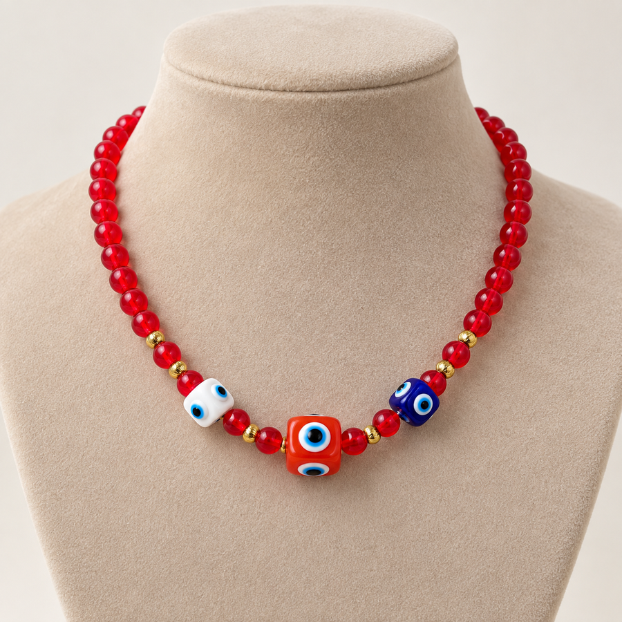 Collar Chicle Rojo de Cuentas Pequeñas con Ojos Turcos