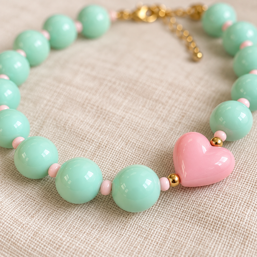 Collar Chicle Verde Menta con Corazón Rosado Ajustable