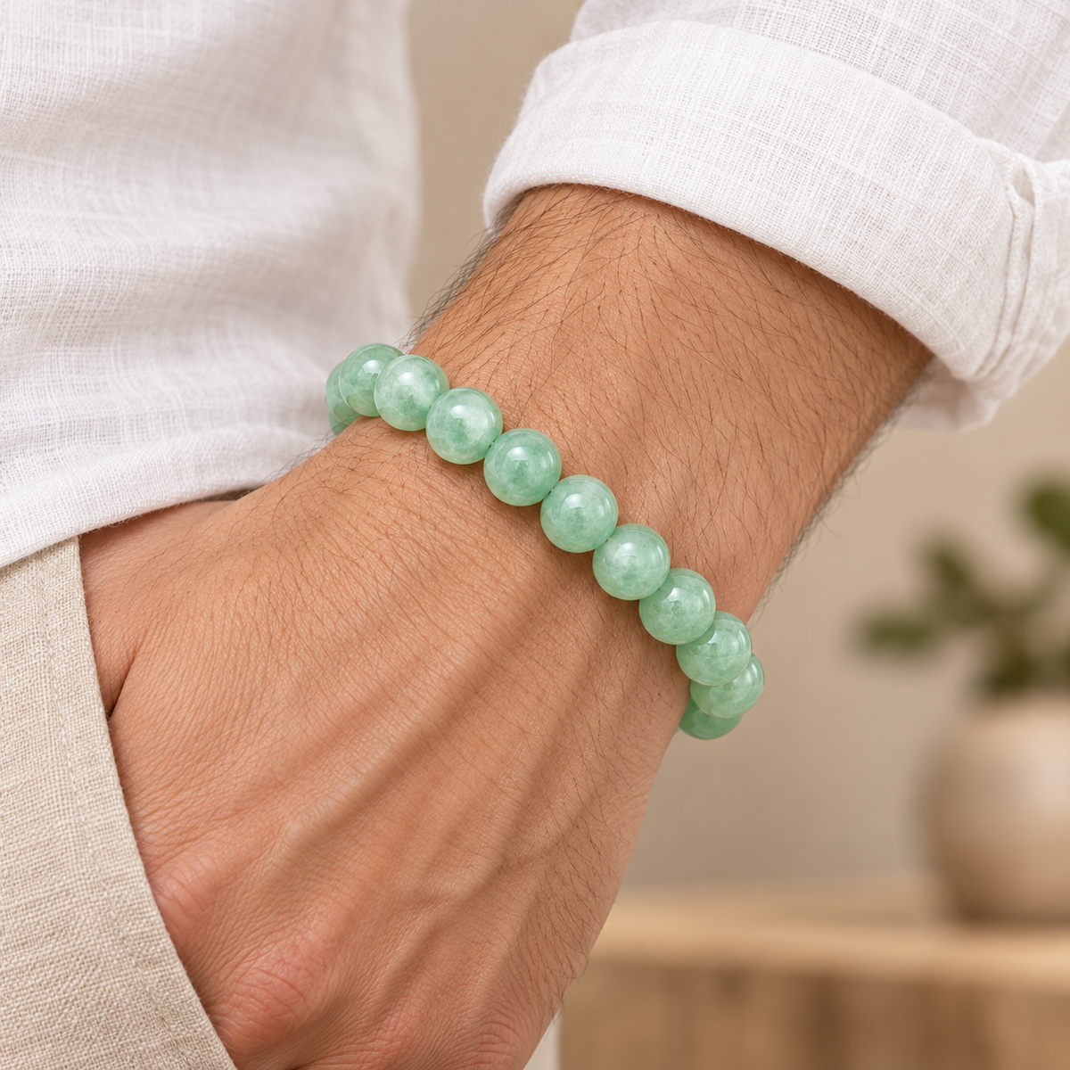 Pulsera De Piedra Natural Aventurina Verde Y Cuarzo Fortuna