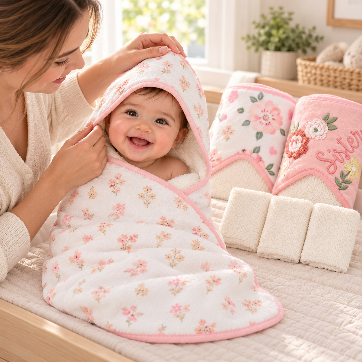 Set de Baño para Bebé Niña 3 Toallas con Capucha + 3 Mini Toallitas Beige Rosa