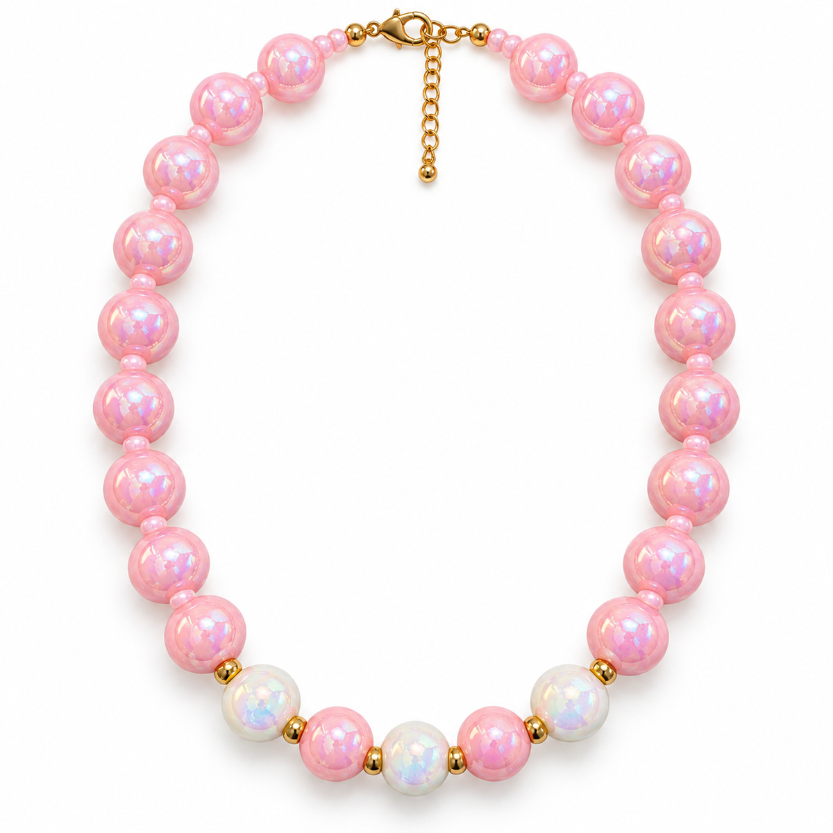 Collar Chicle Rosa Y Blanco Tornasol con Detalles Dorados y Cadena Ajustable
