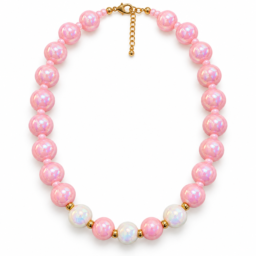 Collar Chicle Rosa Y Blanco Tornasol con Detalles Dorados y Cadena Ajustable