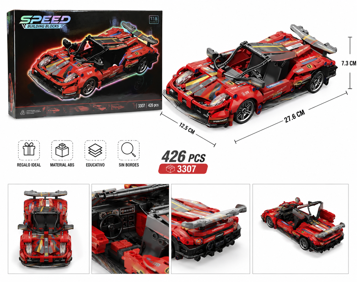 Auto Deportivo Armable A Cuerda Escala 1:18 Bloques 426 Pcs Rojo
