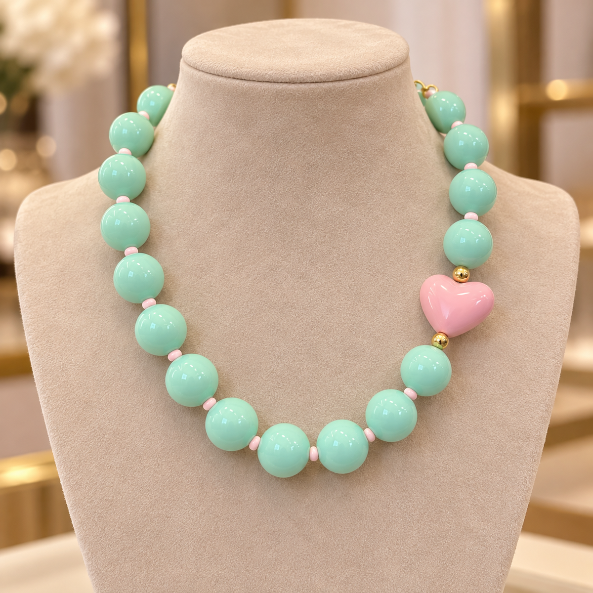 Collar Chicle Verde Menta con Corazón Rosado Ajustable
