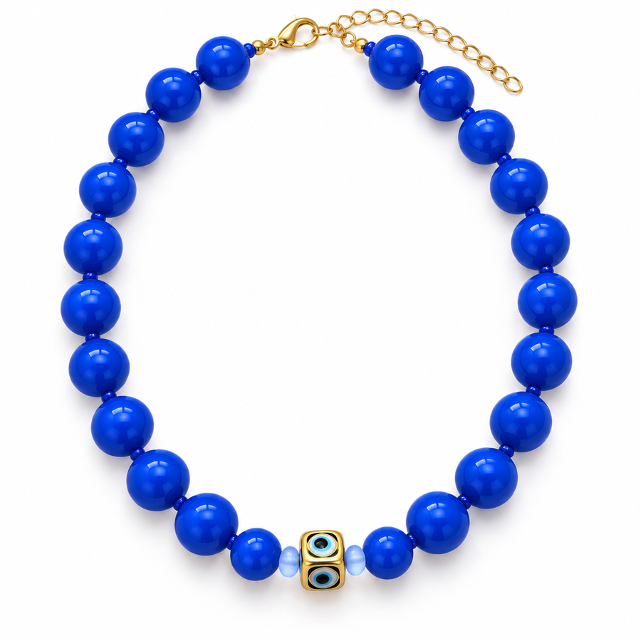 Collar Chicle Azul Rey con Ojo Turco Dorado Ajustable